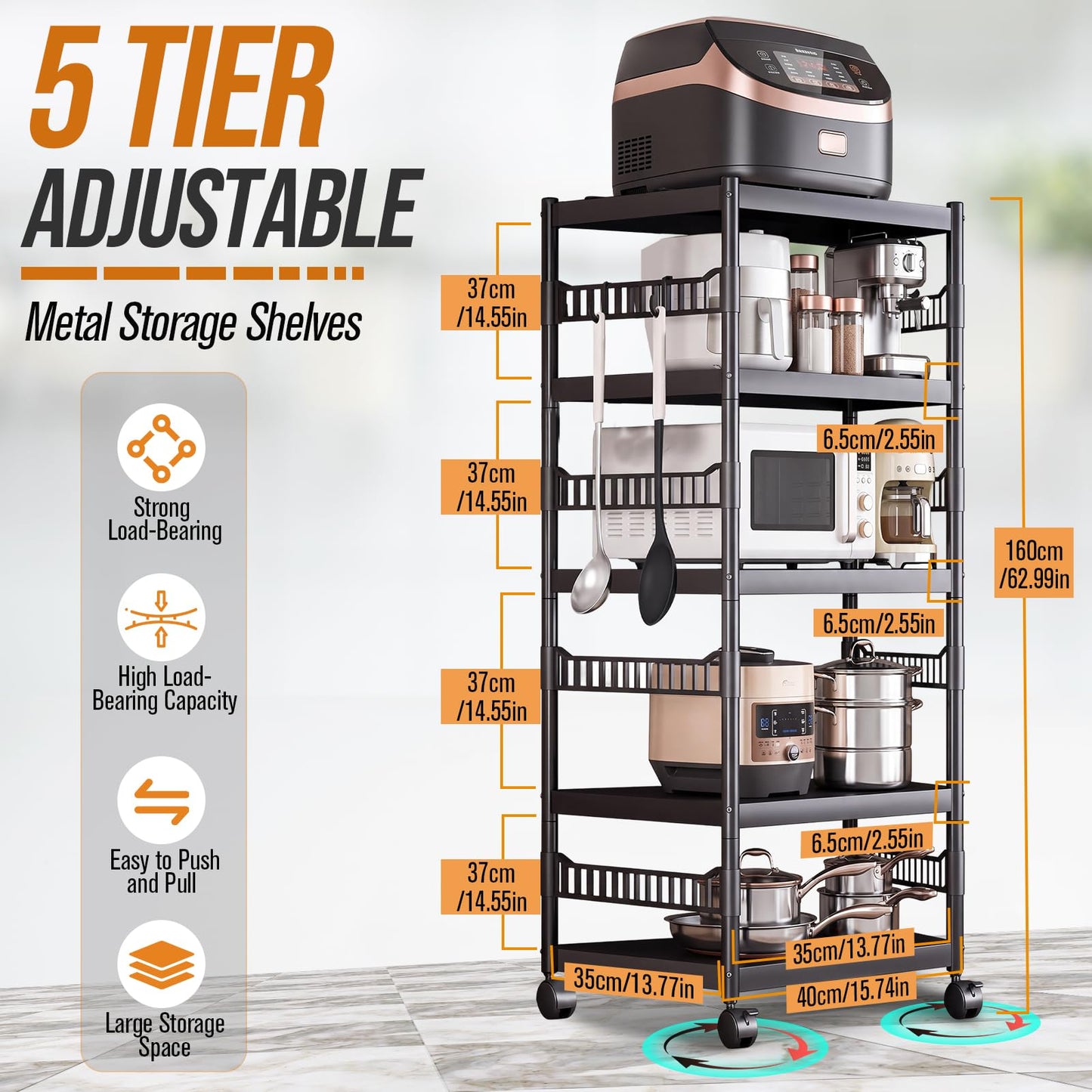 NBYTLT 5-Tier Metal Storage Shelves with Wheels, Adjustable Rack
