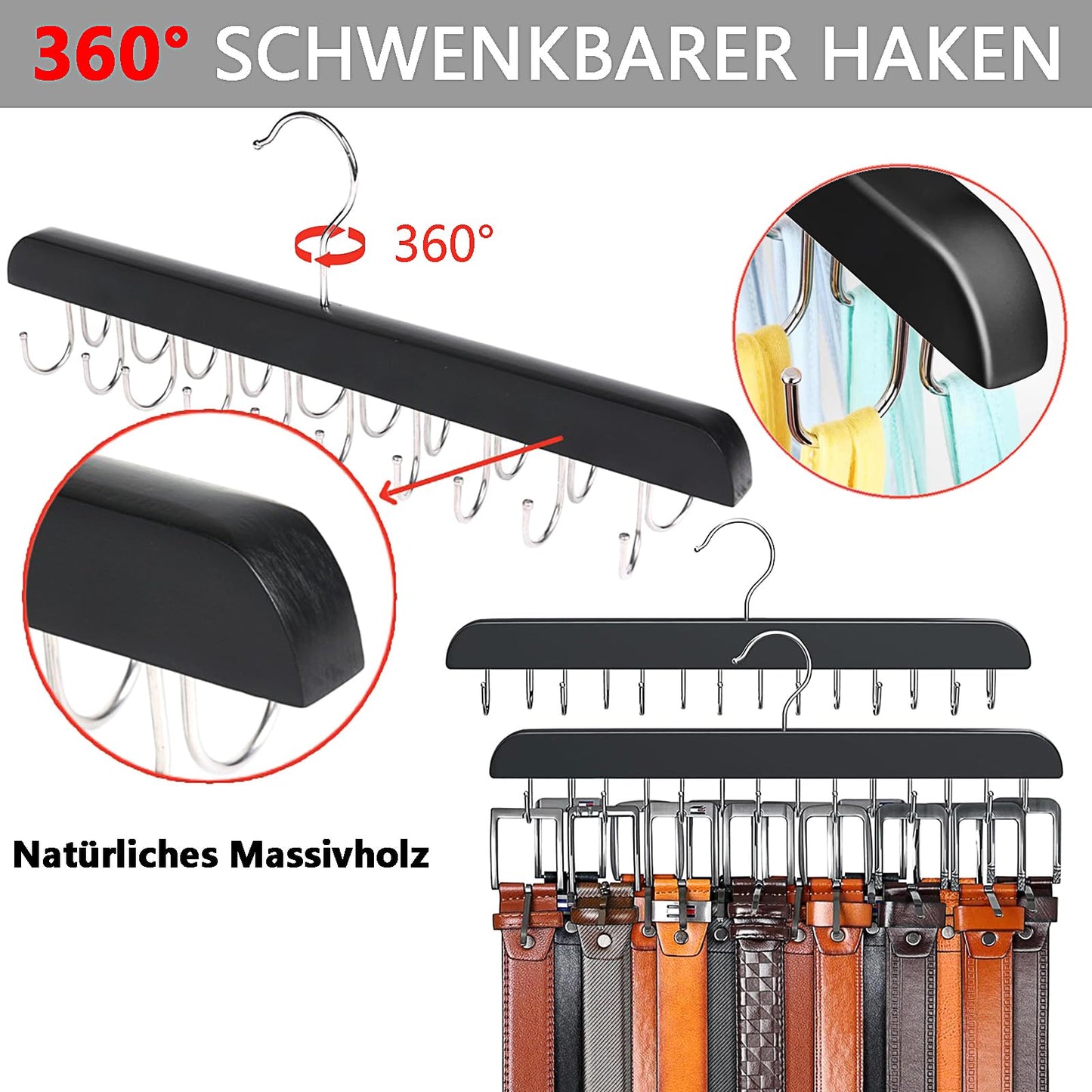 Tie Belt Rack, 1 Pack Belt Storage 360° Rotating Wooden Tie Holder Belt Hanger with 14 Hooks Hanger Hooks for Scarves, Ties, Belts, Wardrobe Organiser