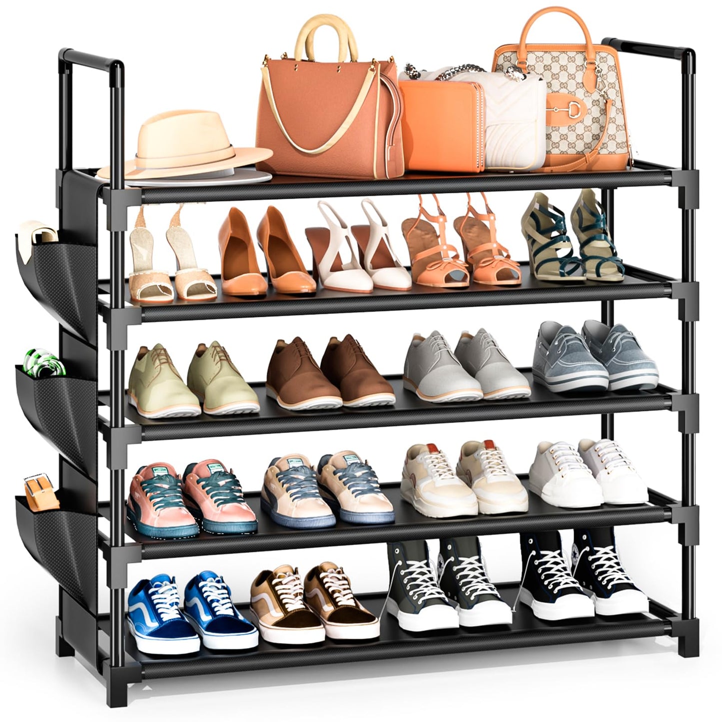 OYREL Shoe Rack 5 Tier 20-25 Pairs Shoes, Large Shoe Storage with Side Bag