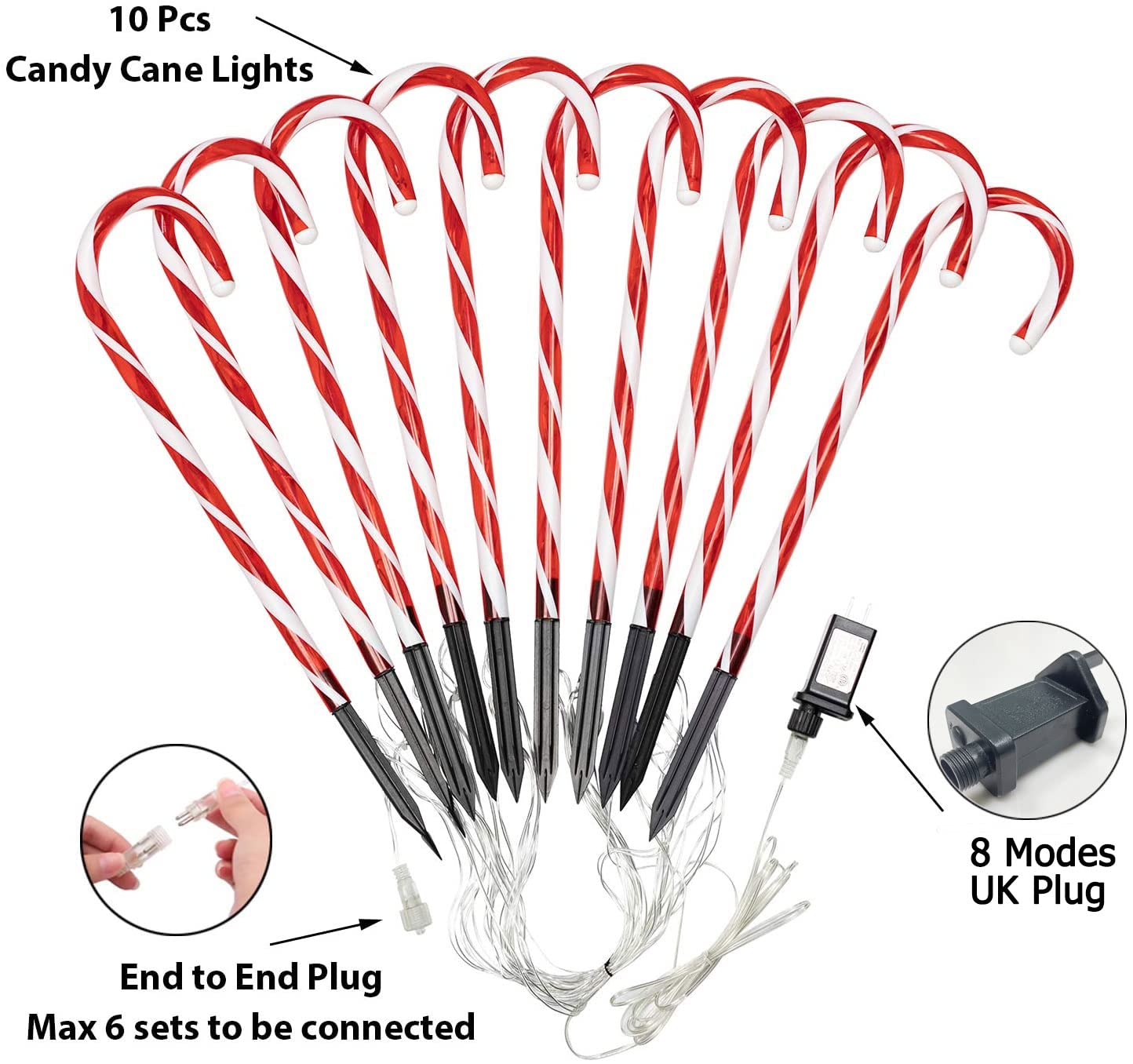 Christmas Lights Outdoor - 10 Sets 21in Candy Cane 60 Red LEDs with Memory Function 8 Modes End-to-End Plug in Waterproof Extendable Lighted Xmas Path