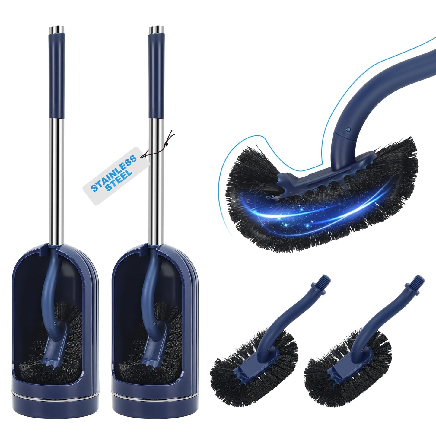 2 Pack Toilet Brush and Holder Set, Curved, Replacement Heads Navy Blue