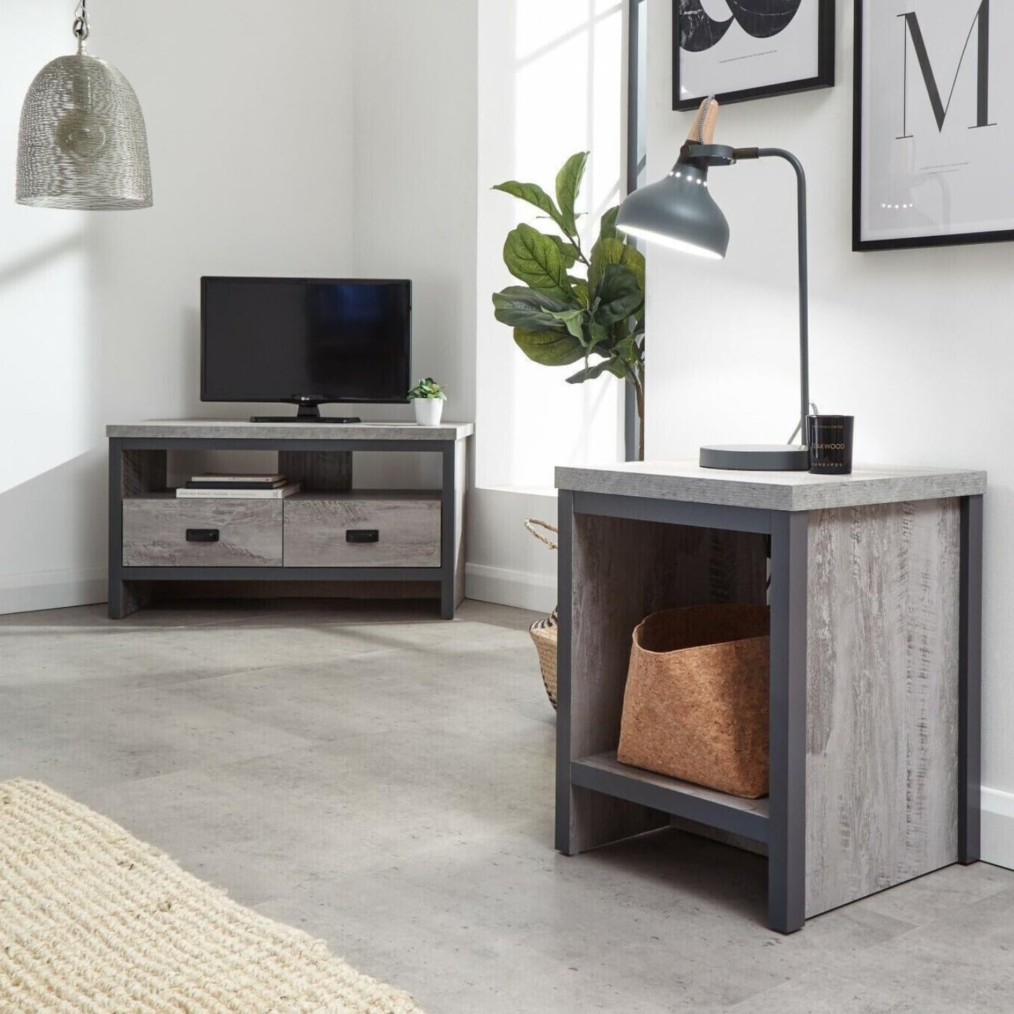 GFW Boston Grey Wood Effect Lamp Table with Shelf, Industrial Side Table, End Table with Storage Shelf, Urban Style Living Room Furniture