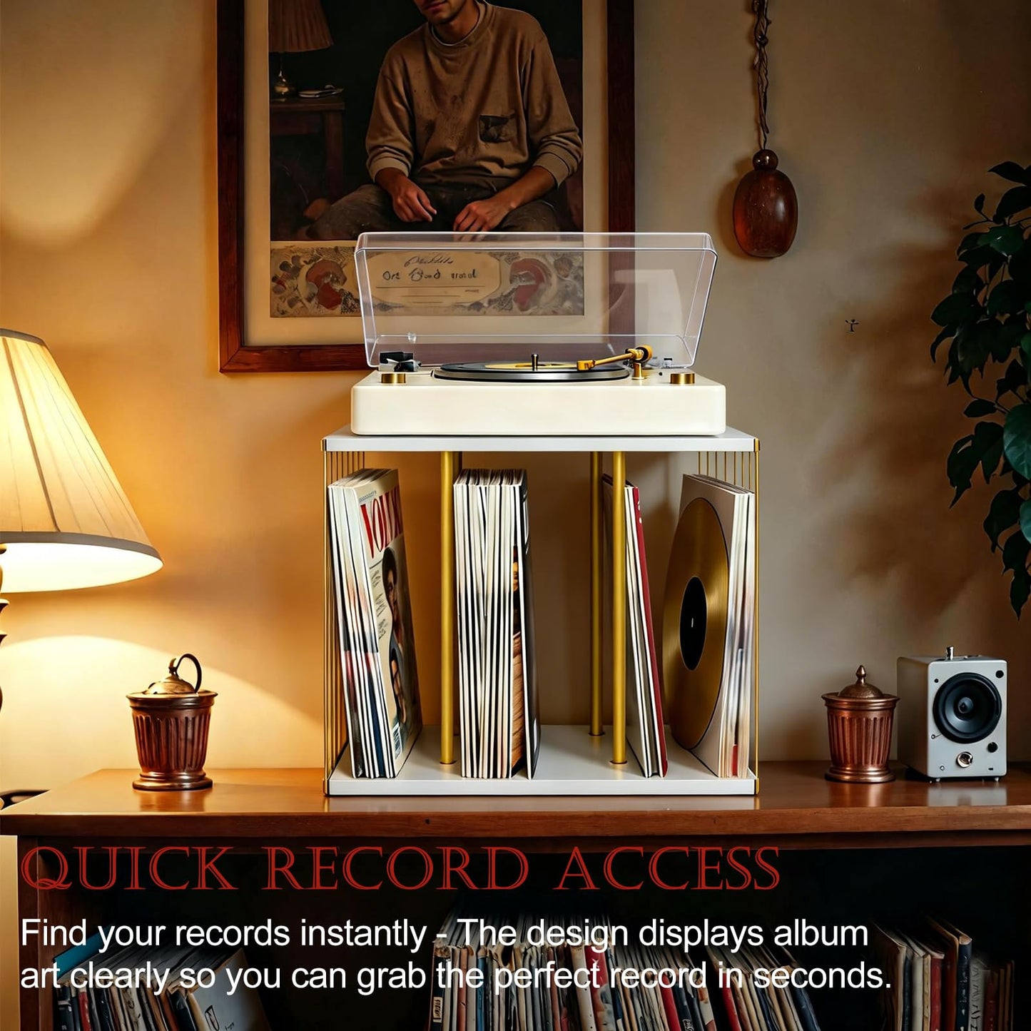 XLSBZ Vinyl Record Storage Holder, Metal & Wooden Vinyl Record Rack Up to 80 LP Albums, Record Player Stand Organizer for Albums, Magazine, Book