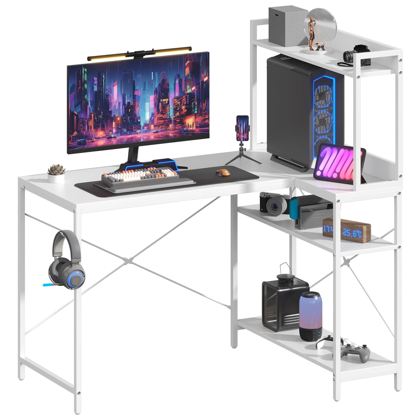 Feonase 47" L-Shaped Computer Desk Gaming Desk with Durable Metal Frame, Corner Desk with 4 Sheves and Hook
