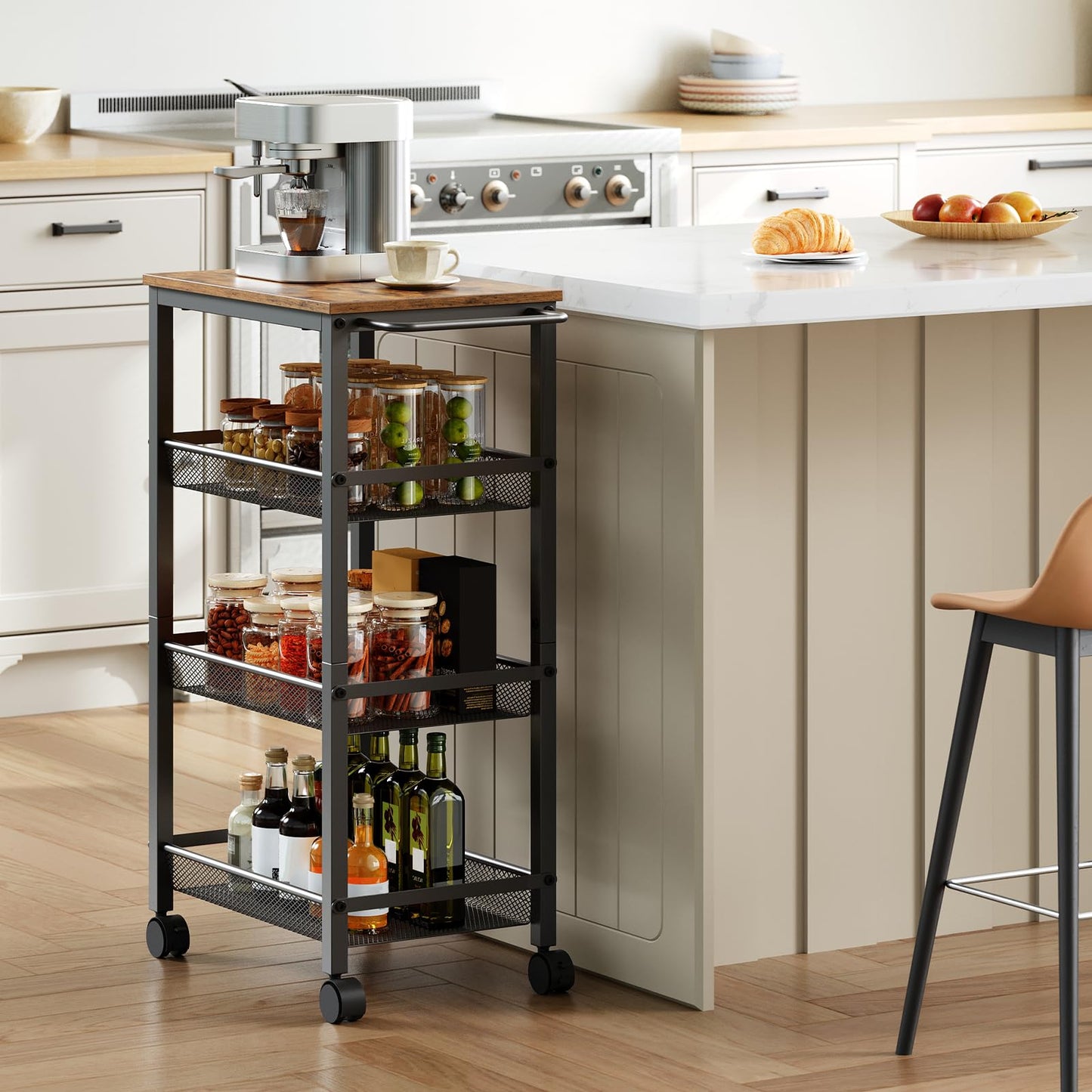 HOOBRO 4-Tier Serving Trolley with Wheels and Adjustable Feet, Rolling Trolley, Narrow Storage Trolley, Bar Cart, for Kitchen, Lounge, Dining Room