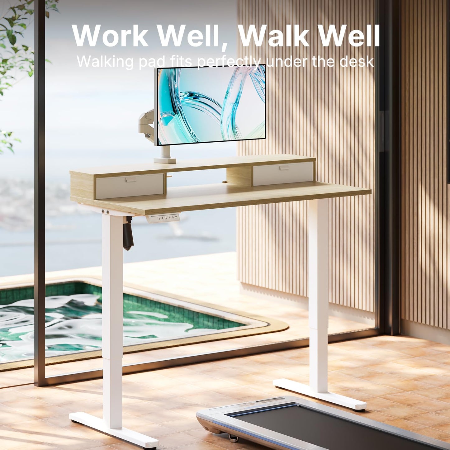 HUANUO Standing Desk with Drawers, 100x60cm, Natural