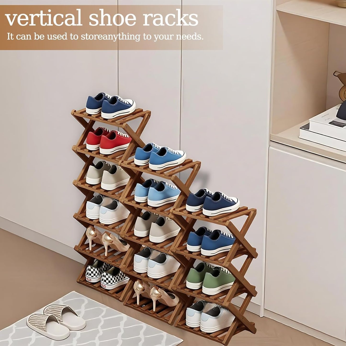 Kiss Me 4-Tier Foldable Bamboo Shoe Rack Narrow Vertical Organizer