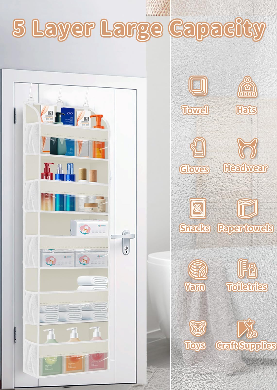 TAHAVICE Baby Over Door Storage with 5 Pockets, 2 Pack - Back of Door Storage for Bedroom, Bathroom, Nursery, Baby Essentials for Newborn (Beige)