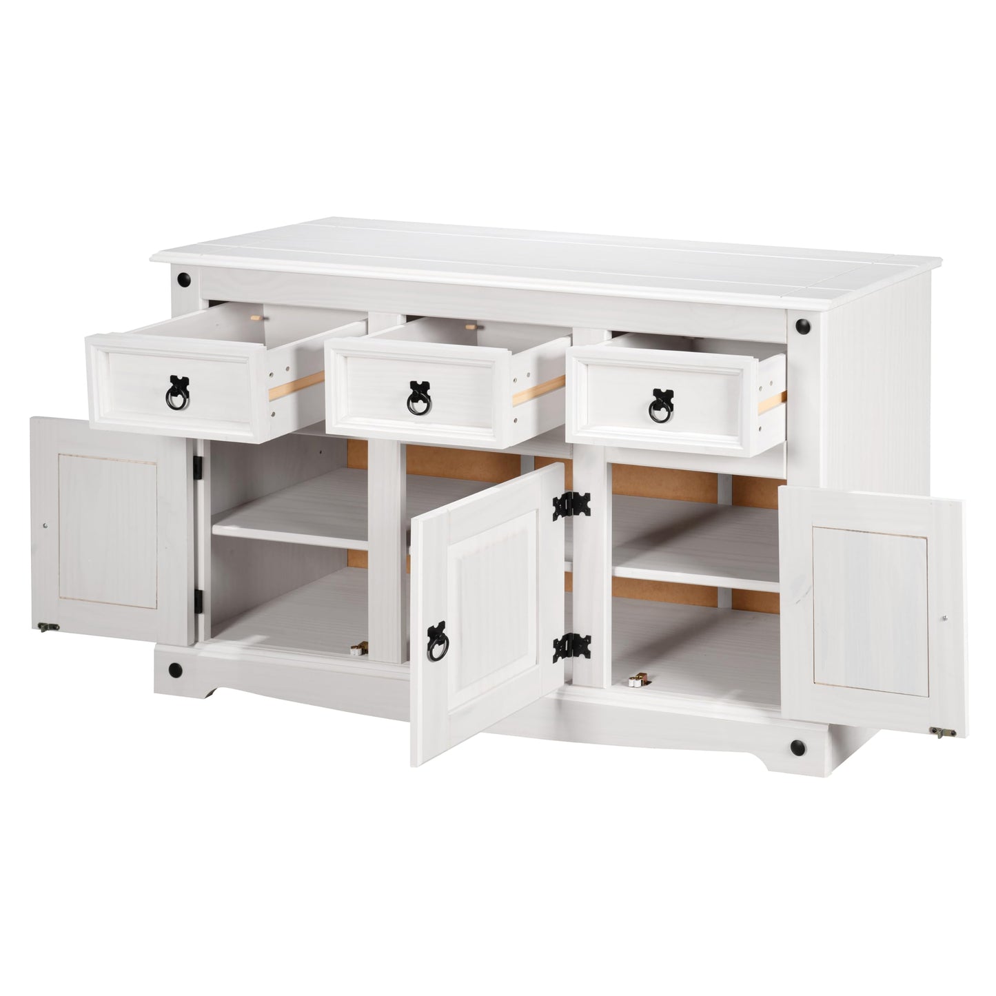 Corona Sideboard 3 Door 3 Drawer Country House All White Solid Mexican Pine Wood W 125cm x D 40cm x H 76cm