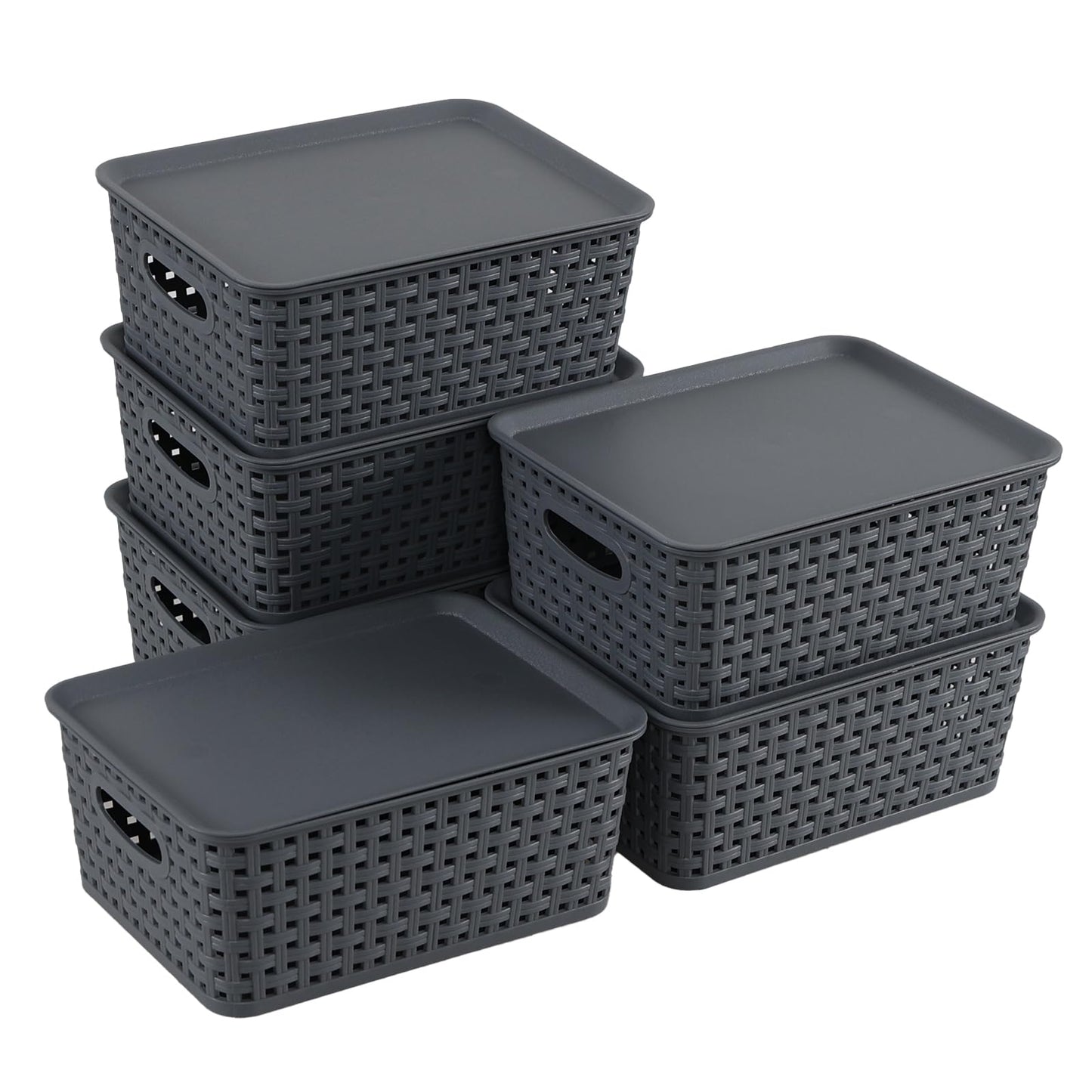 Jnktka Set of 6 Plastic Kitchen Cupboard Storage Baskets with Lids, Gray