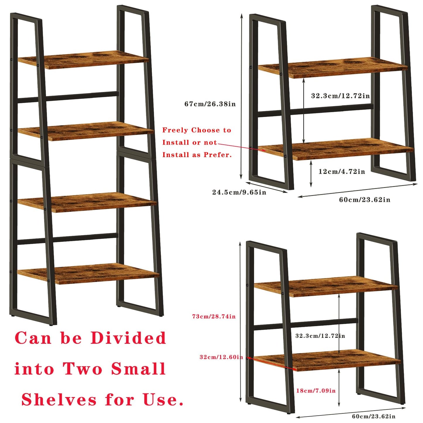 OYE 4 Tier Ladder Shelf, 2 in 1 Industrial Storage Rack Leaning Bookshelf for Living Room, Bedroom, Kitchen, Space Saving Small Book Shelf