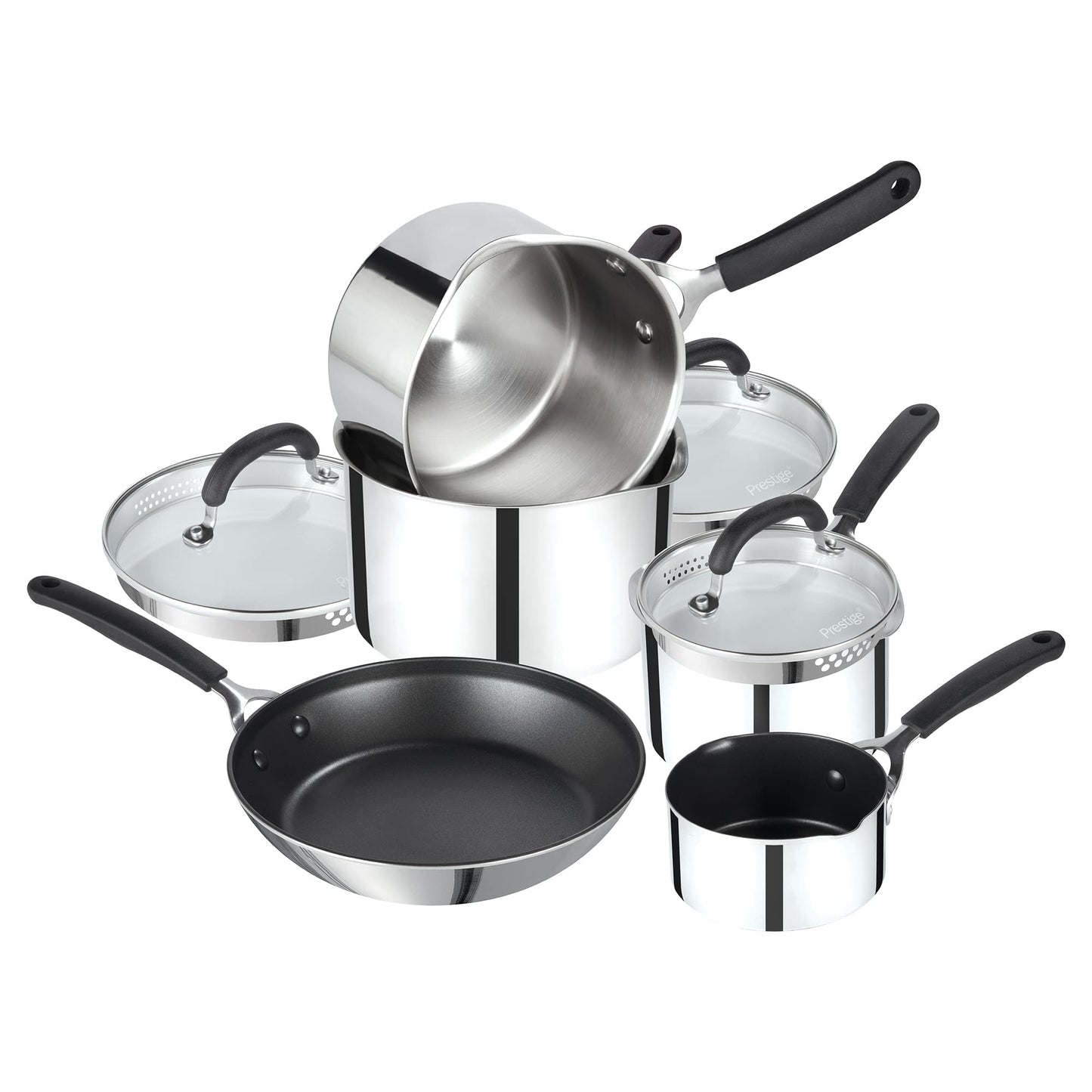 Prestige Made To Last Stainless Steel Pan Set Non Stick - 5 Piece Induction Pan Set with Frying Pan, Milk Pan & Set of 3 Saucepans with Straining