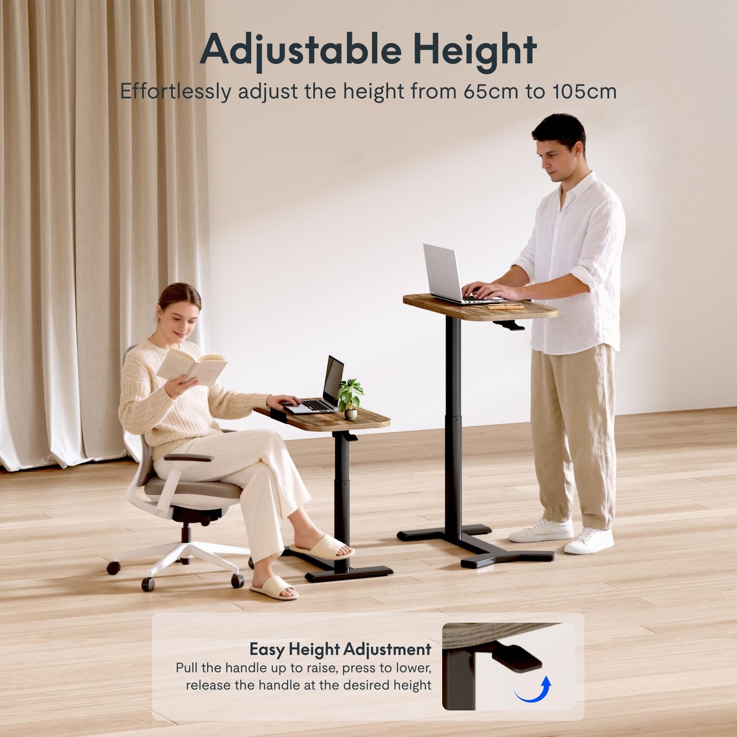 FLEXISPOT Overbed Table with Wheels, Adjustable Height Bedside Table, Rolling Laptop Desk for Bed Sofa, Small Standing Desk 75 x 40 cm