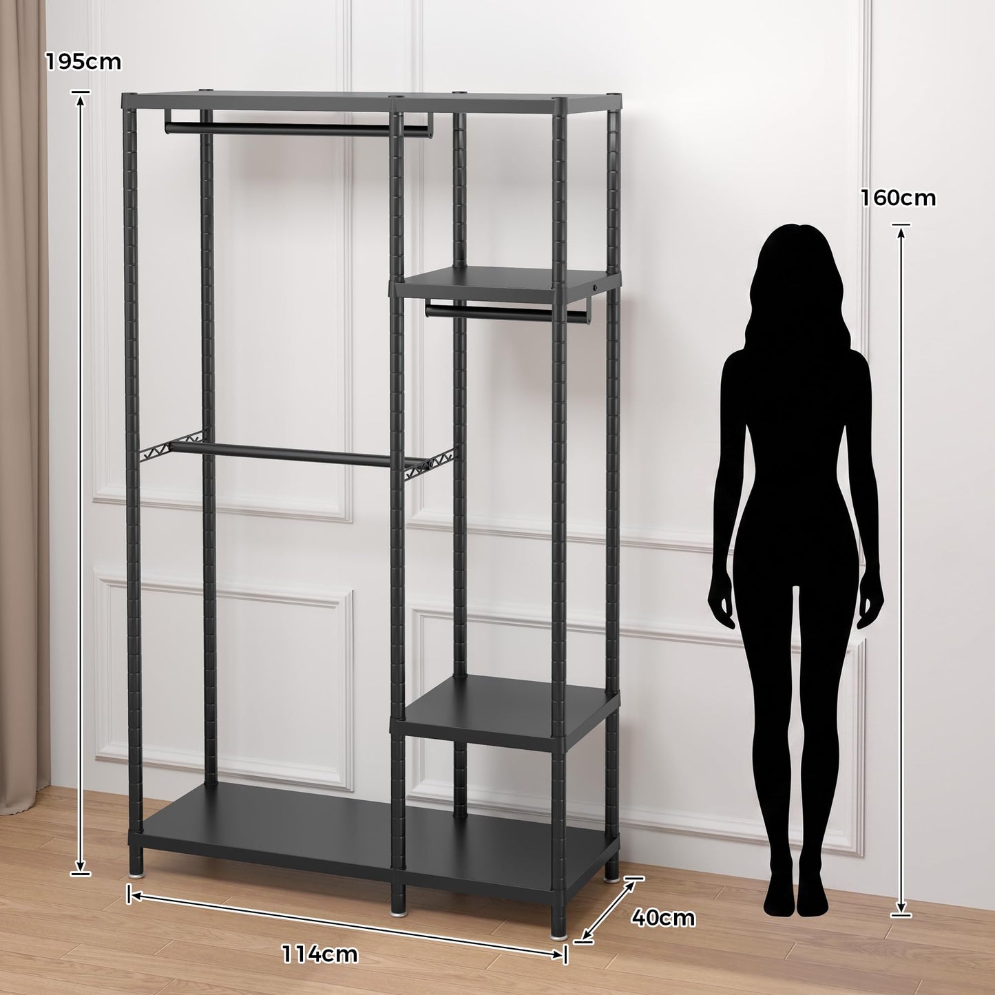 Enjinkail Clothes Rail, 195cm Tall Metal Open Wardrobe with 6 Shelves