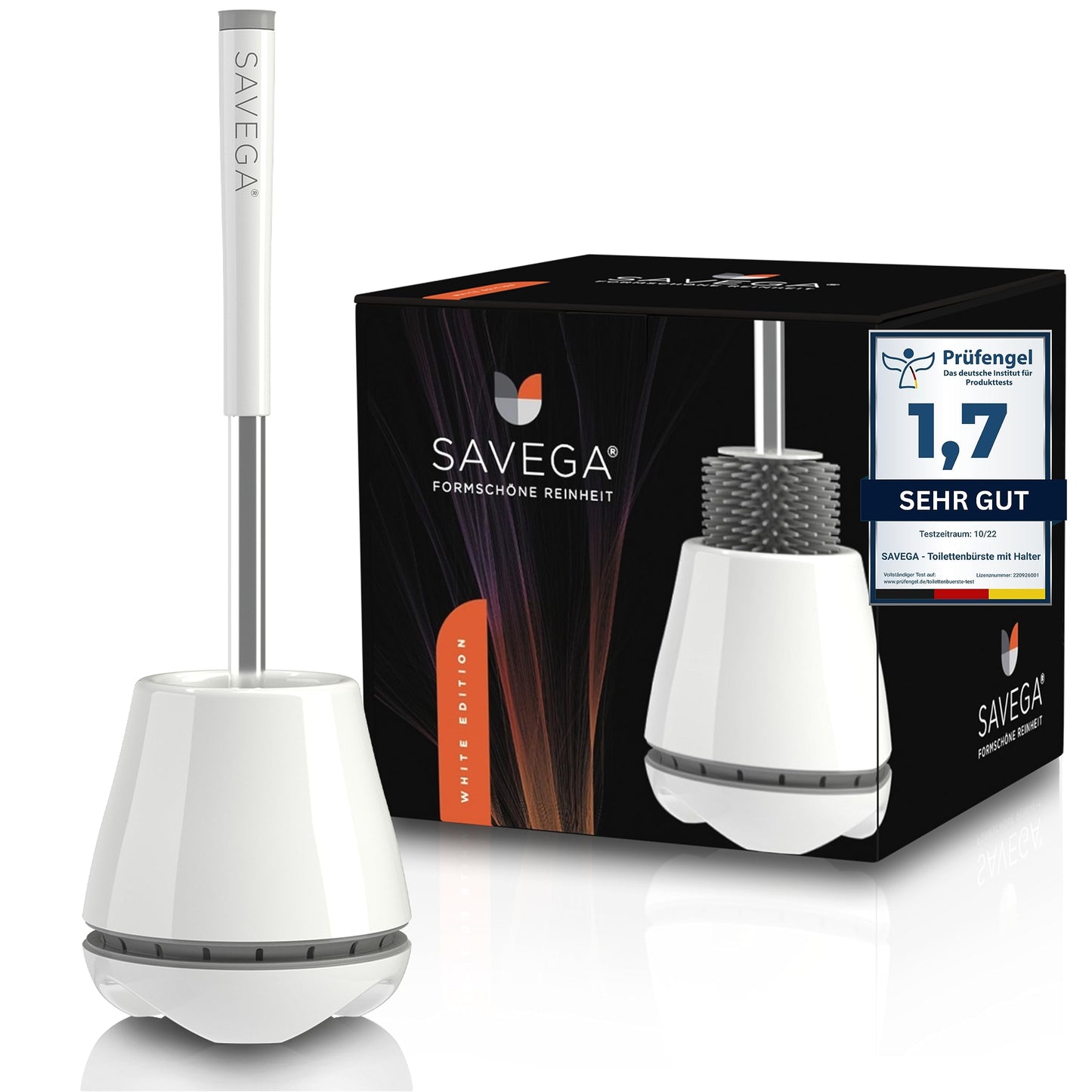 SAVEGA Silicone Toilet Brush with Holder – Toilet Brush White with Elegant Design – Practical & Hygienic for Any Bathroom Style - White/Grey