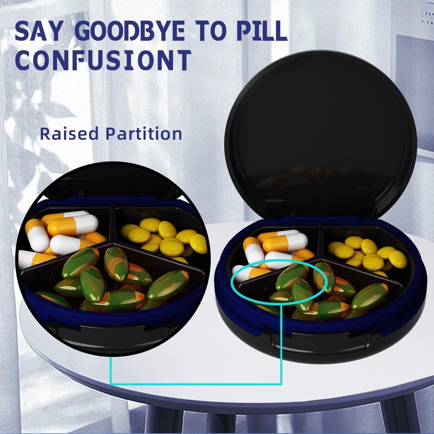 Serfeymi 3 Compartment Waterproof Cute Small Pill Box for Purse & Pocket,Travel Portable and Multifunctional Pill Case Holder for Vitamins,Fish