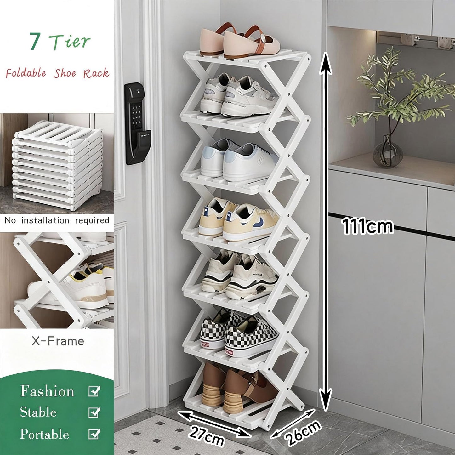 GIRYES Small Shoe Rack White, 7 Tier Bamboo Foldable Shoes Organizer Free Standing Shelf for Entryway, Bedrooms, Closet, Living Room Corner