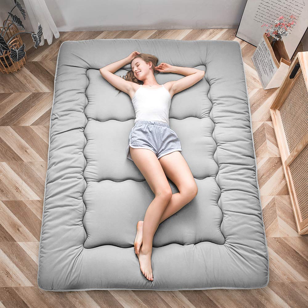 MAXYOYO Japanese Floor Futon Mattress, Thicken Tatami Sleeping Pad Foldable Roll Up Dormitory Mat Pad Floor Lounger Pillow Bed (Double, Gray)