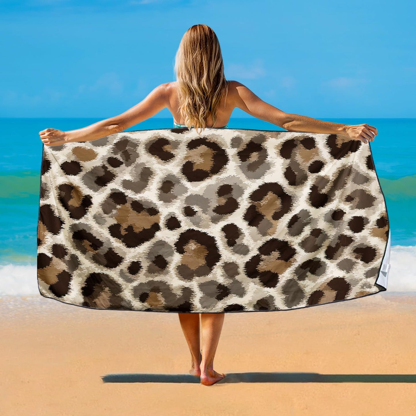 Violetpos Neutral Leopard Print Beach Towel, Extra Large 180x90 cm 250GSM Microfibre, Sand Free Quick Dry