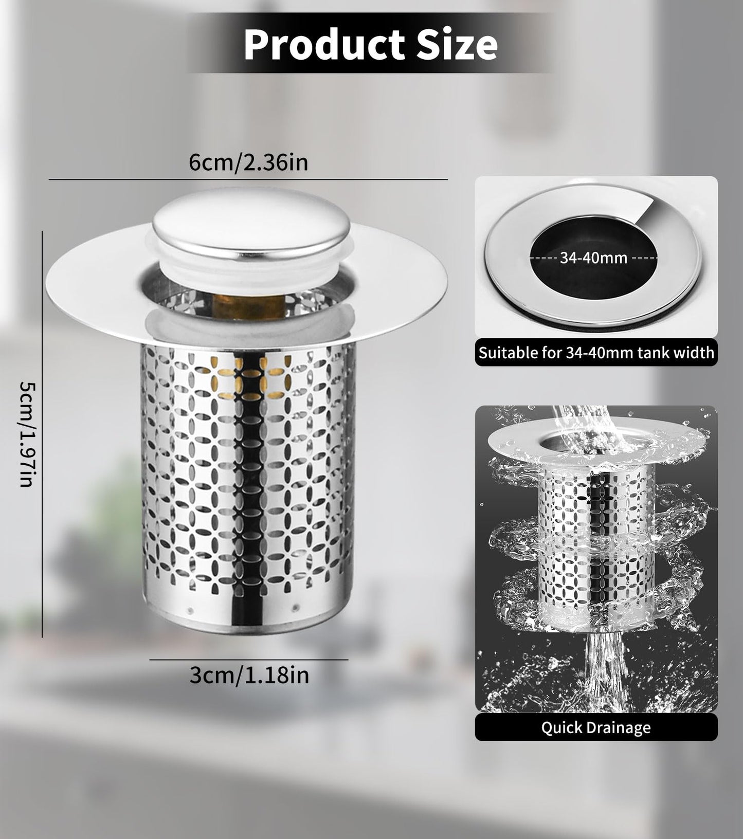 Pack of 2 Stainless Steel Pop Up Drain Strainer, Sink Plug, Sink Plug, Drain Strainer