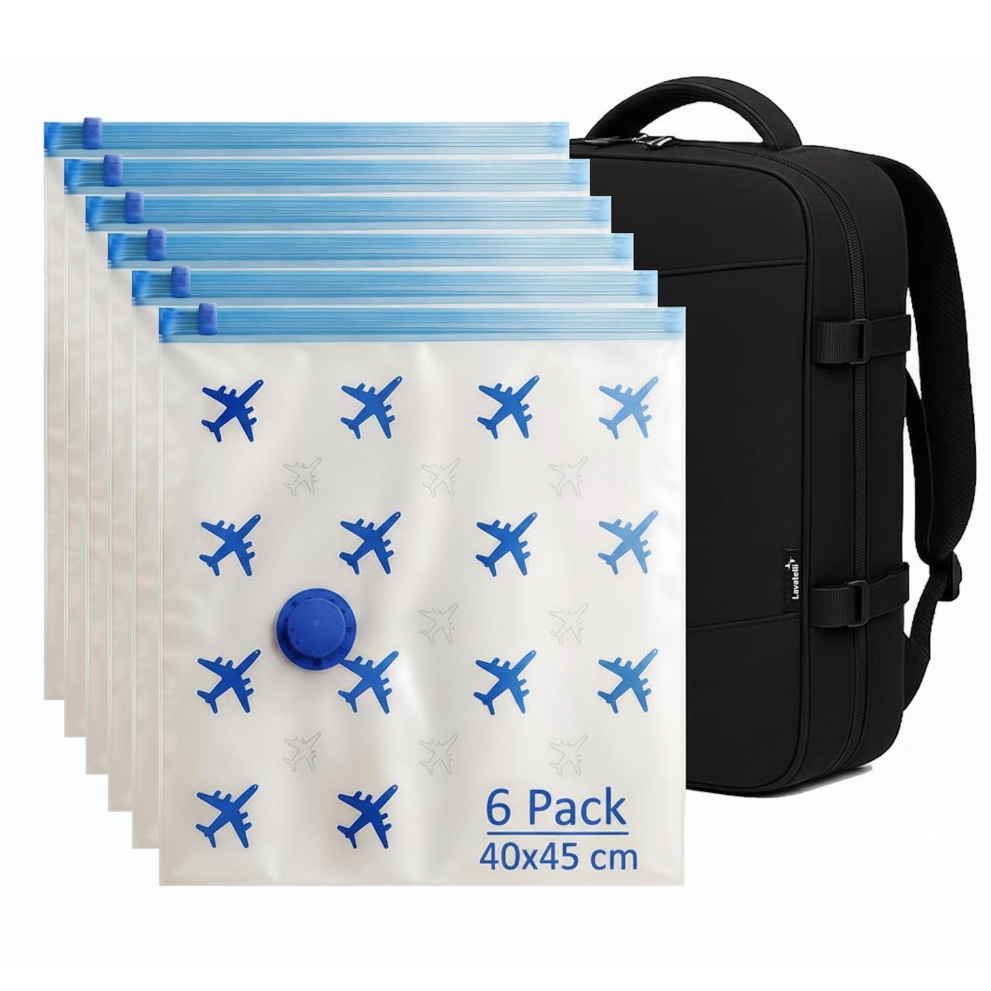 Lavatelli 6-Pack Travel Vacuum Storage Bags 40x45 cm without Pump, Space Saving for Backpack Ryanair Cabin Bag 40x30x20 Suitcase Organiser