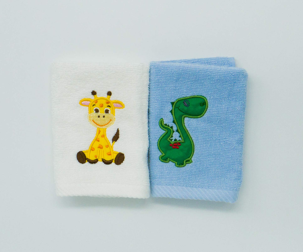 Lex's Linens Pack of 2 Kids Face Cloth 1 of Each Giraffe & Dinosaur