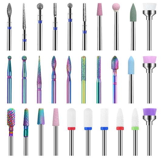HEYMKGO Nail Drill Bits Sets - 30 pcs Electric Nail Drill Bits Kit 3/32" Ceramics/Tungsten Carbide Diamond Metal Nail Bits for Home Salon Acrylic Gel
