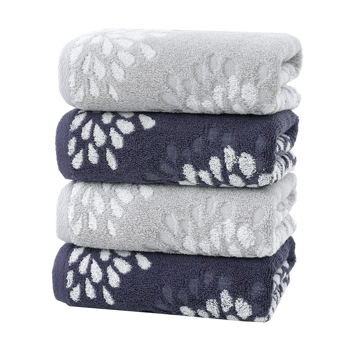 Pidada Hand Towels Set of 4 Hydrangea Floral Pattern 100% Cotton Absorbent Soft Decorative Towel for Bathroom Light Grey & Denim Blue