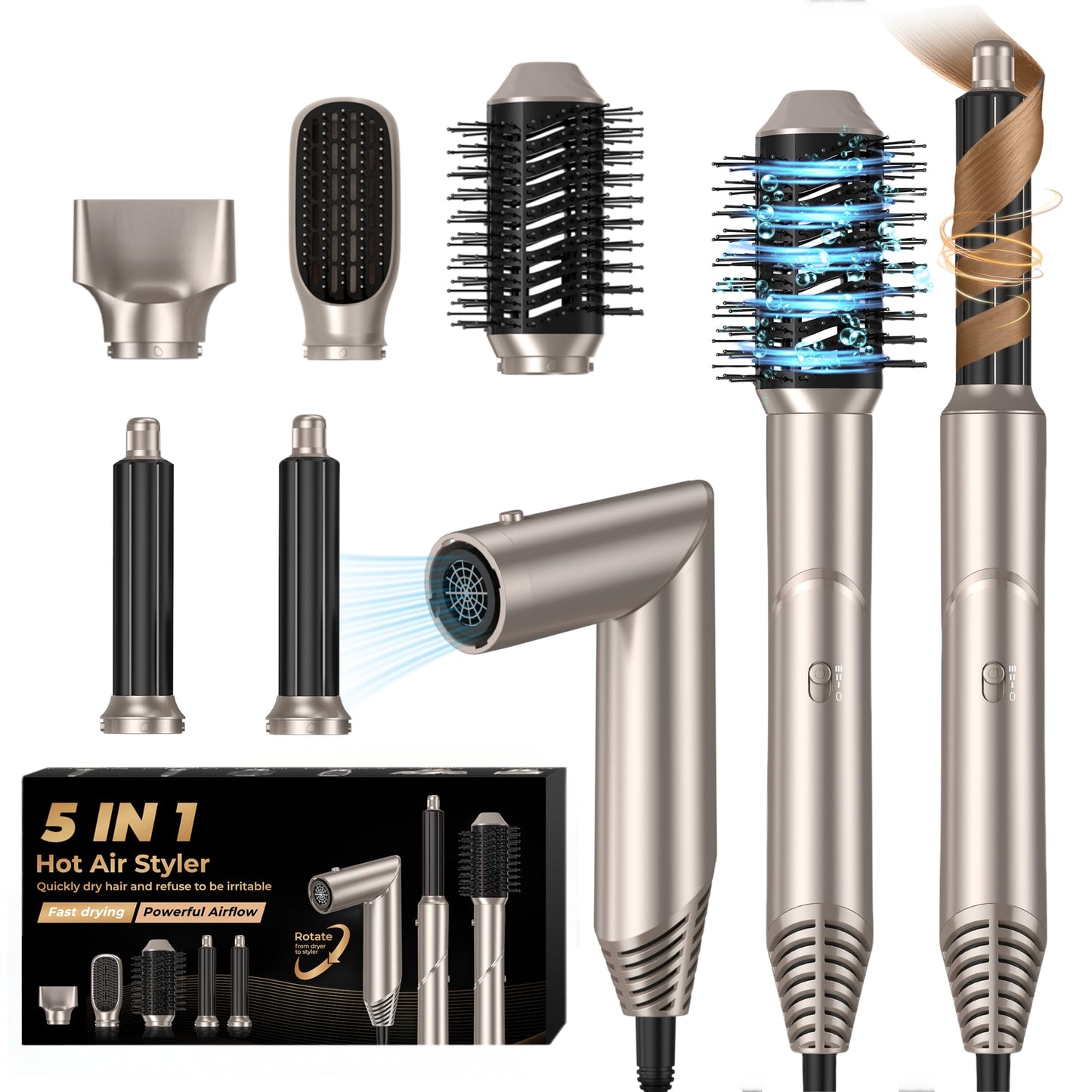 UKLISS 5 in 1 Magic Air Styler Hair Dryer Brush with Air Curlers Volumizier Blow Dryer Brush Multi-use Hair Styler for Hair Curling Straightening