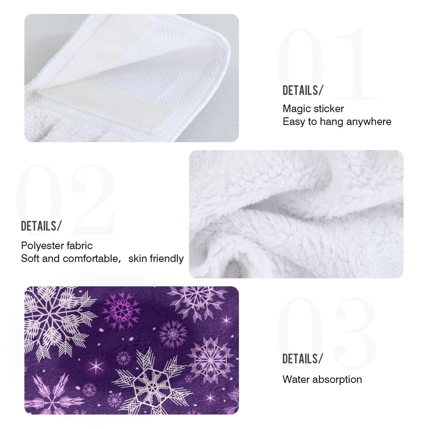 Mnsruu Hand Towels for Bathroom Christmas Purple Snowflakes Kitchen Towels Hanging Decorative Soft Absorbent Coral Fleece Dishcloth Set of 2