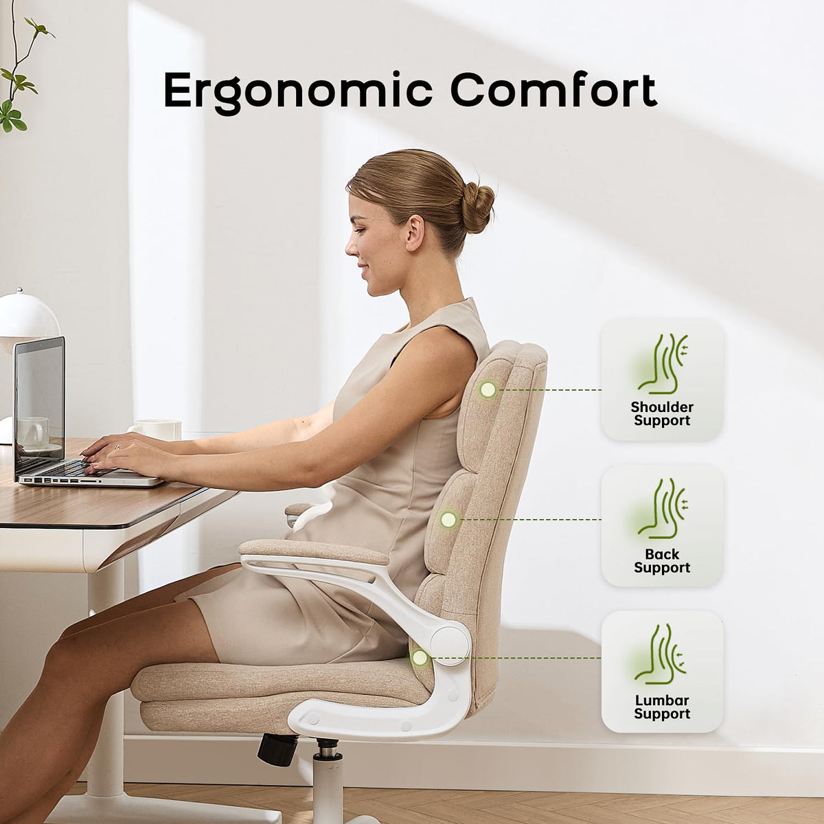 LukkDys Ergonomic Office Chair with 3-Stage Back Support, Executive Fabric Desk Chair with Flip-up Armrests