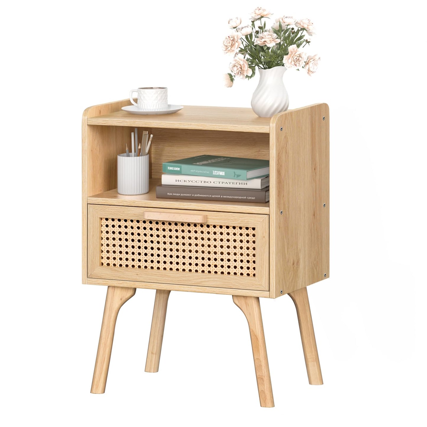 LELELINKY Rattan Bedside Table, Boho Wooden Side Table