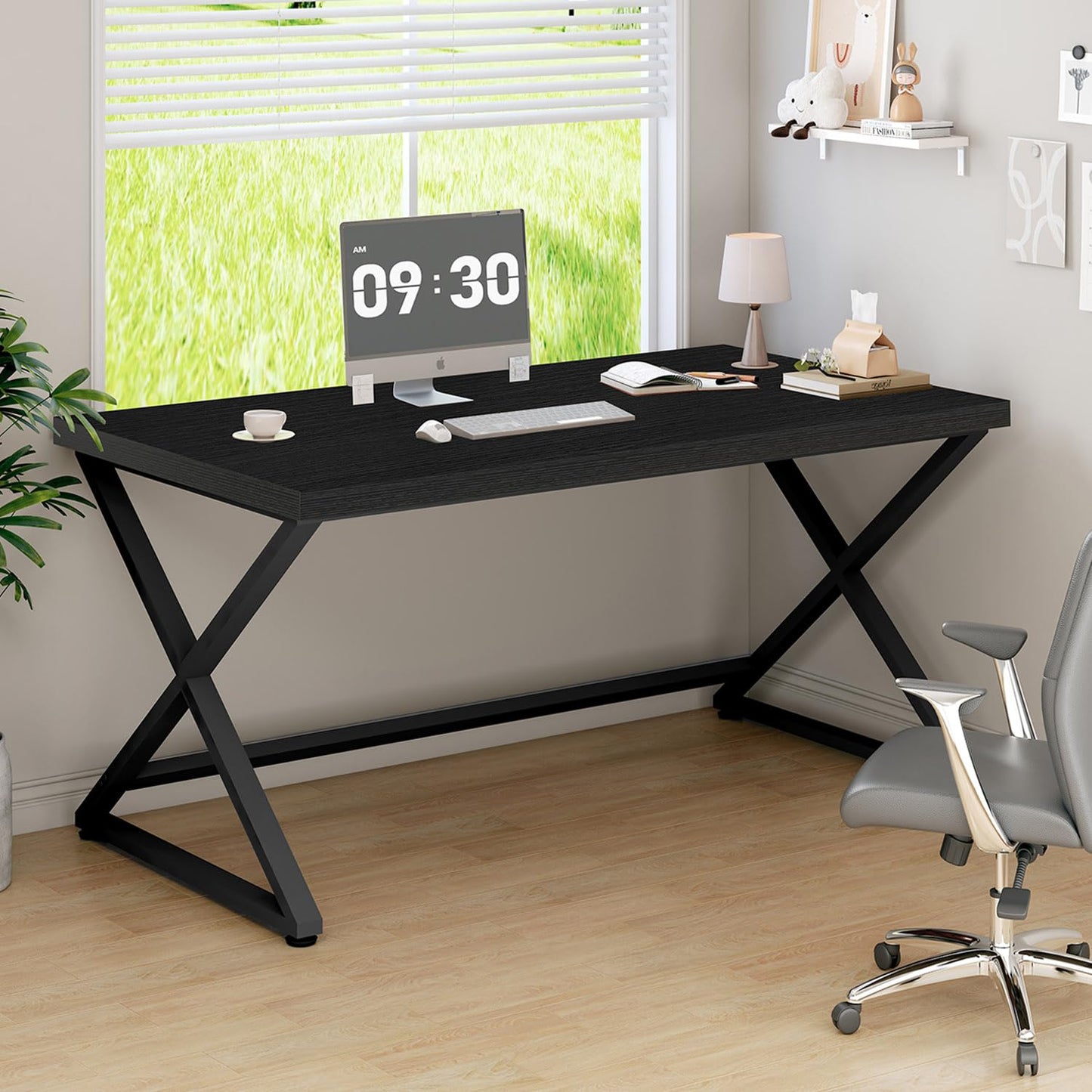 IBF Black Computer Desk, Simple Work Desk for Home Office, Industrial Writing Study Desk in Bedroom