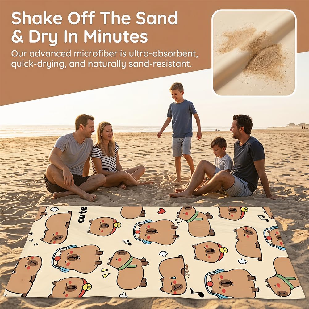 Capybara Microfiber Beach Towel Sand Free Absorbent Extra Large Travel Towels for Adults Kids Microfibre Towels for Adults with Drawstring Bag 2in1