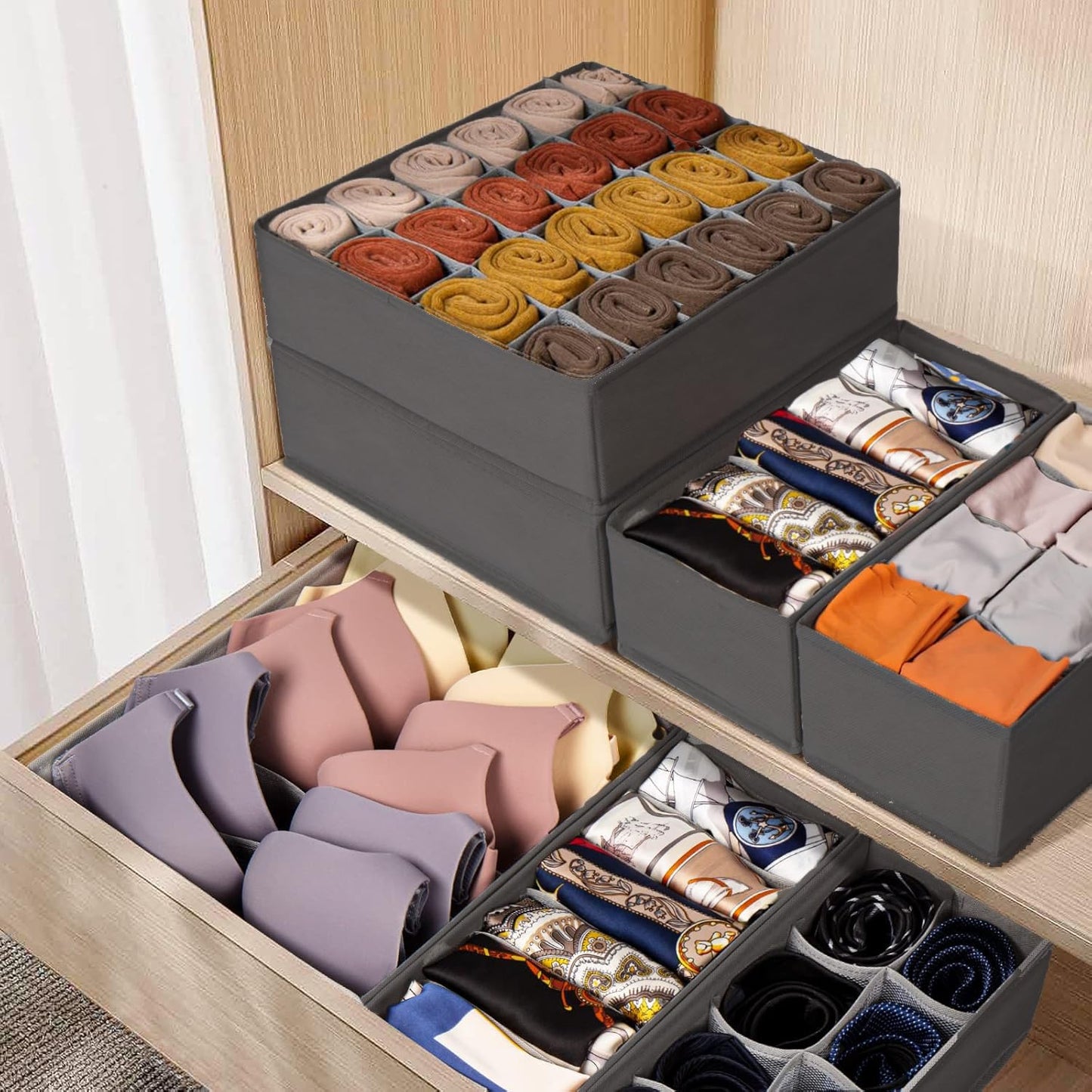 SabMak Underwear Drawer Organiser Divider – Bedroom Storage Boxes for Bras, Underwear, Socks, Ties, Baby Cloths, Wardrobe Clothes Organiser (set of 4)