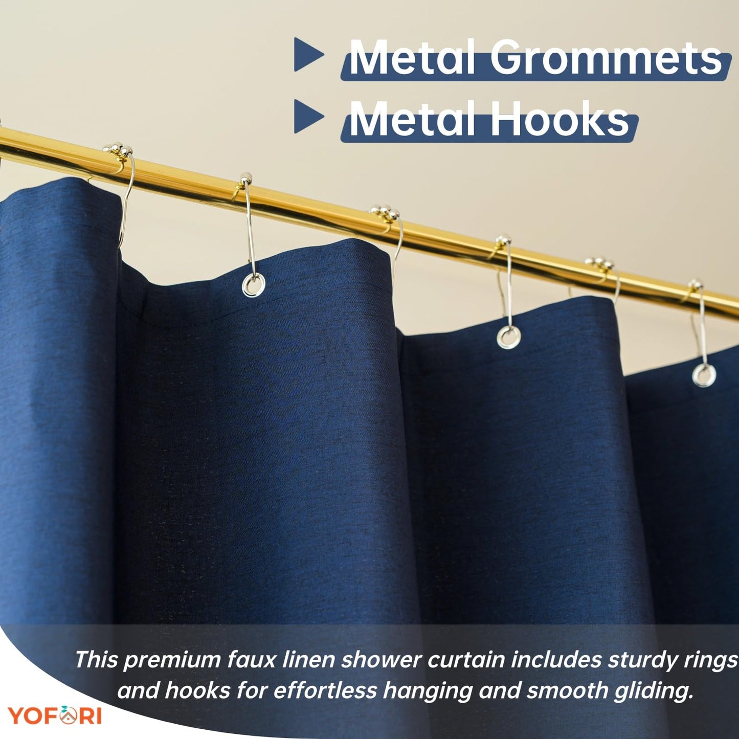 Yofori Navy Blue Shower Curtain for Bathroom, Fabric Shower Curtains Faux Linen Polyester Wet Room Shower Curtains Sets with Metal Hooks, 183x183cm