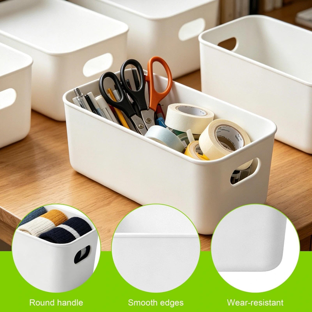6 Pcs White Plastic Storage Baskets with Handles, 26.8×8.8×9.5cm White Rectangle Storage Boxes for Shelves and Drawersnarrow
