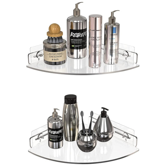GeekDigg 2 Pack Corner Shower Caddy, Transparent Acrylic Shower Shelves, Wall Mounted No Drilling Traceless Adhesive Bathroom Storage Organizer for