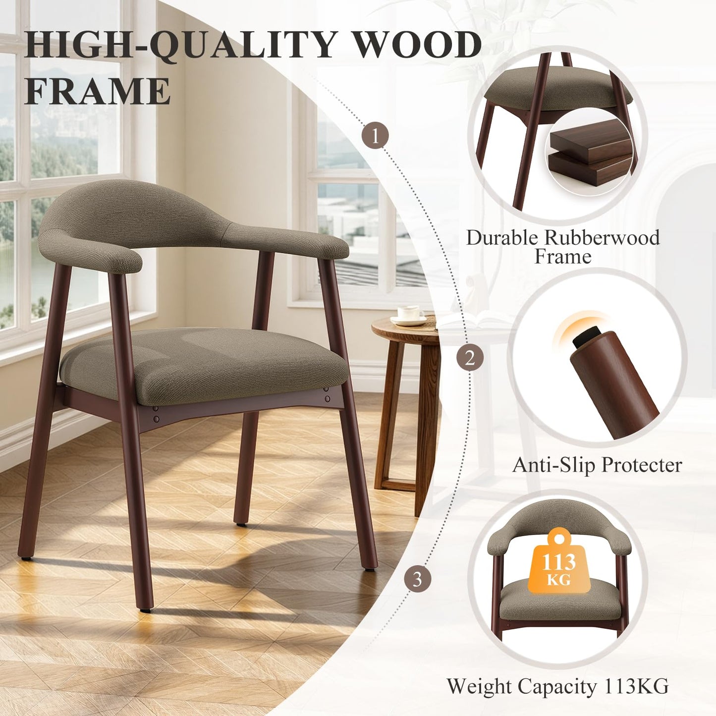 MALOL Wooden Dining Chairs Set of 4, Fabric Chairs for Dining Room with Armrest, Upholstered Kitchen Chairs with Curved Back and Wood Legs for Dining