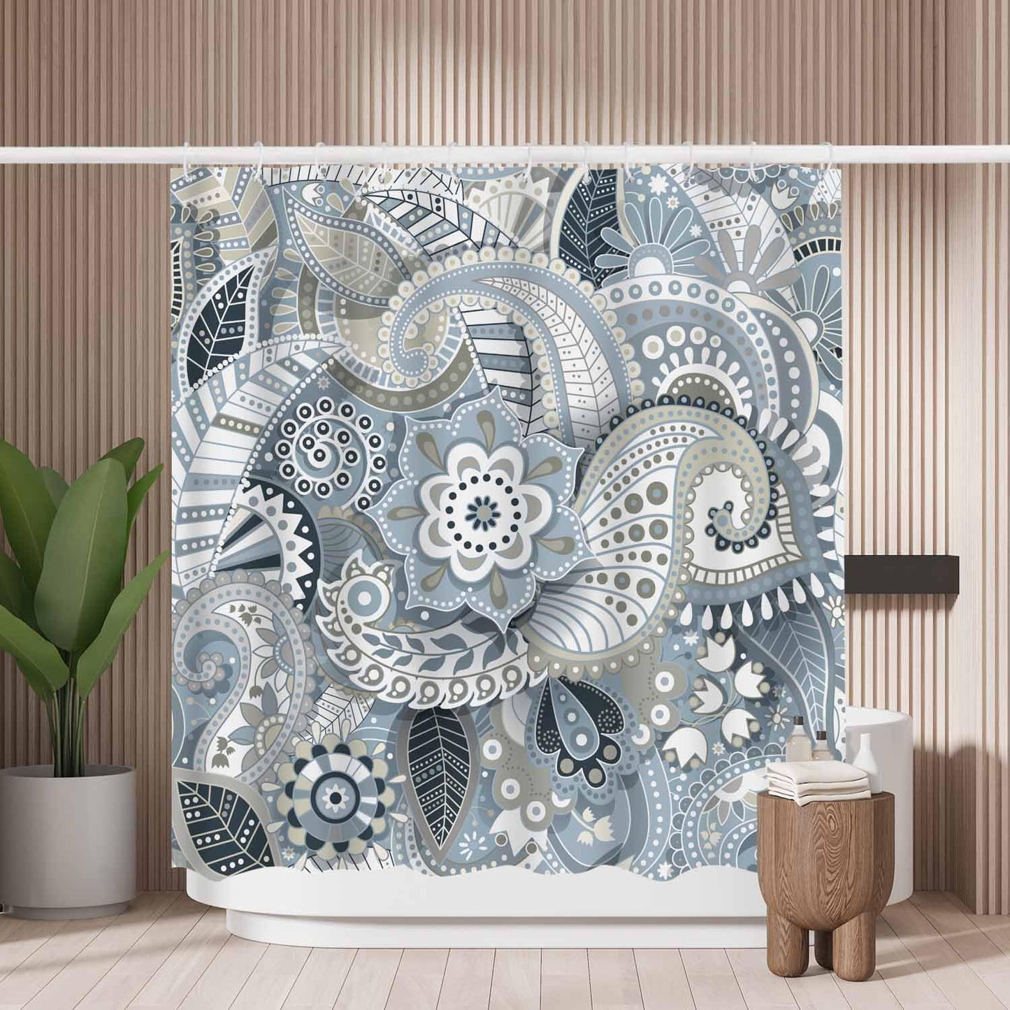 Woutay Shower Curtain Mould Proof Resistant Paisley Floral,Water Repellant Fabric,Polyester,with 12 Plastic Hooks,Size 180x180CM