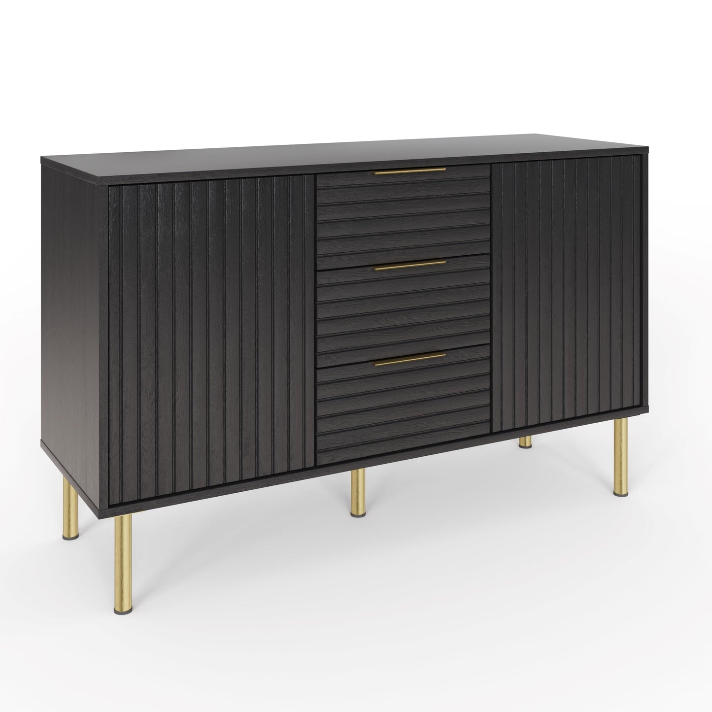 GFW Nervata Sideboard, Black Storage Cabinet with 3 Drawers and 2 Doors, Art Deco Style Sideboard with Gold Accents and Wood Grain Texture for Living