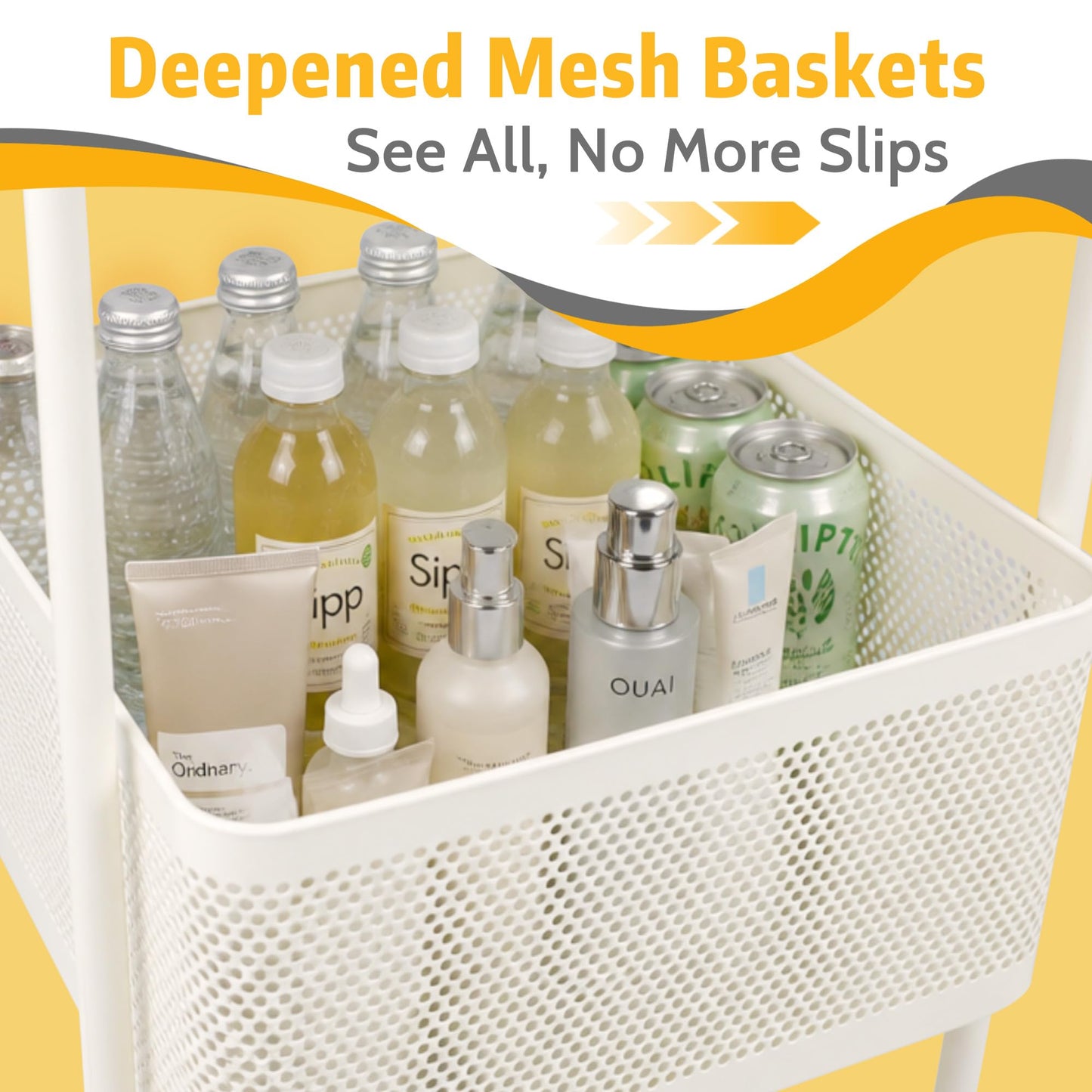 PLSOPPKG 3 Tier Rolling Cart, Metal Utility Storage Carts with Wheels, Craft Cart Organizer, Mesh Basket for Bedside Kitchen Office Art, Milky White