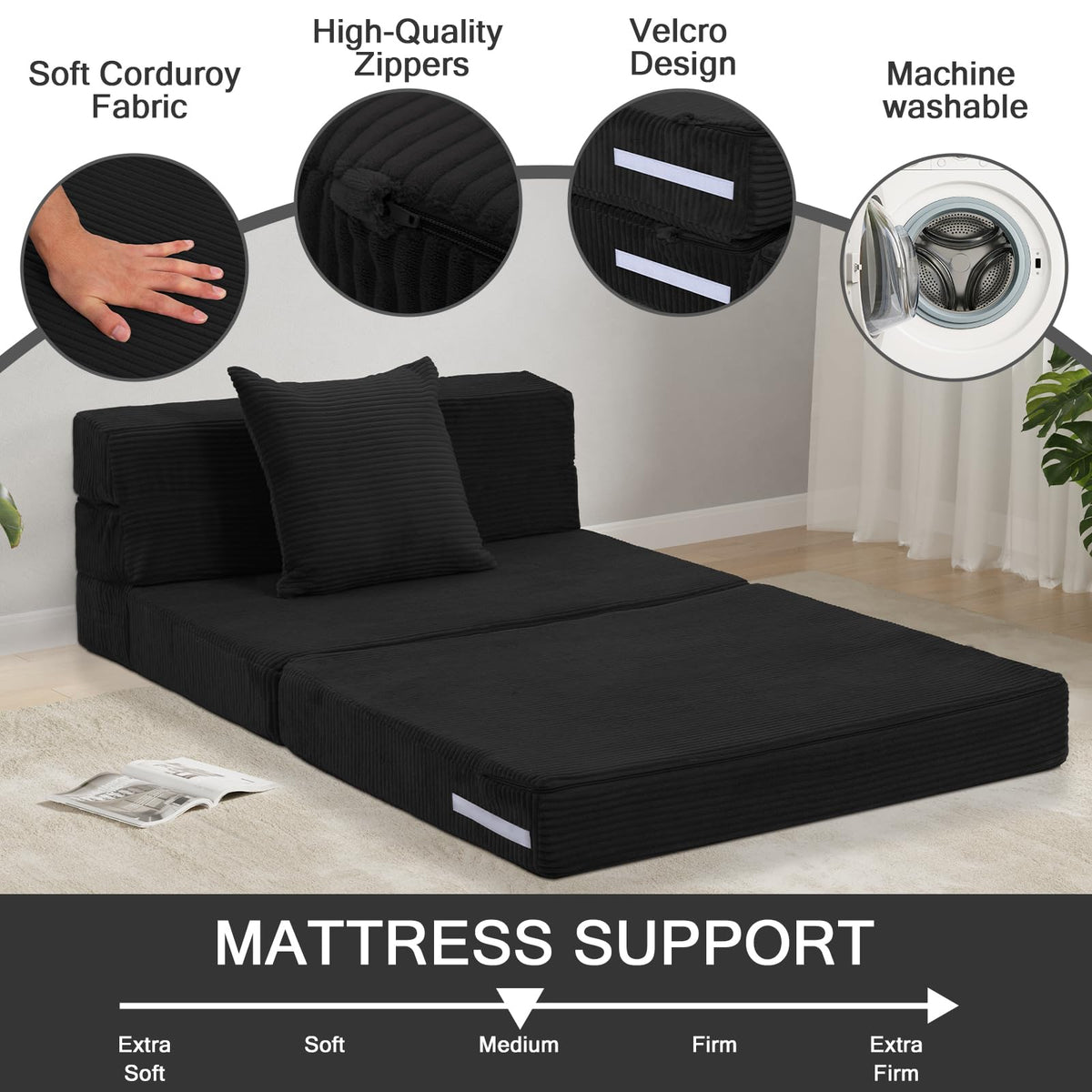 MeMoreCool Folding Mattress Single, Corduroy Fold Out Sofa Bed, Grey