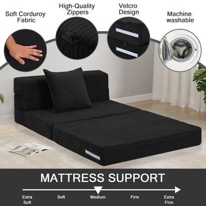MeMoreCool Folding Mattress Single, Corduroy Fold Out Sofa Bed, Grey
