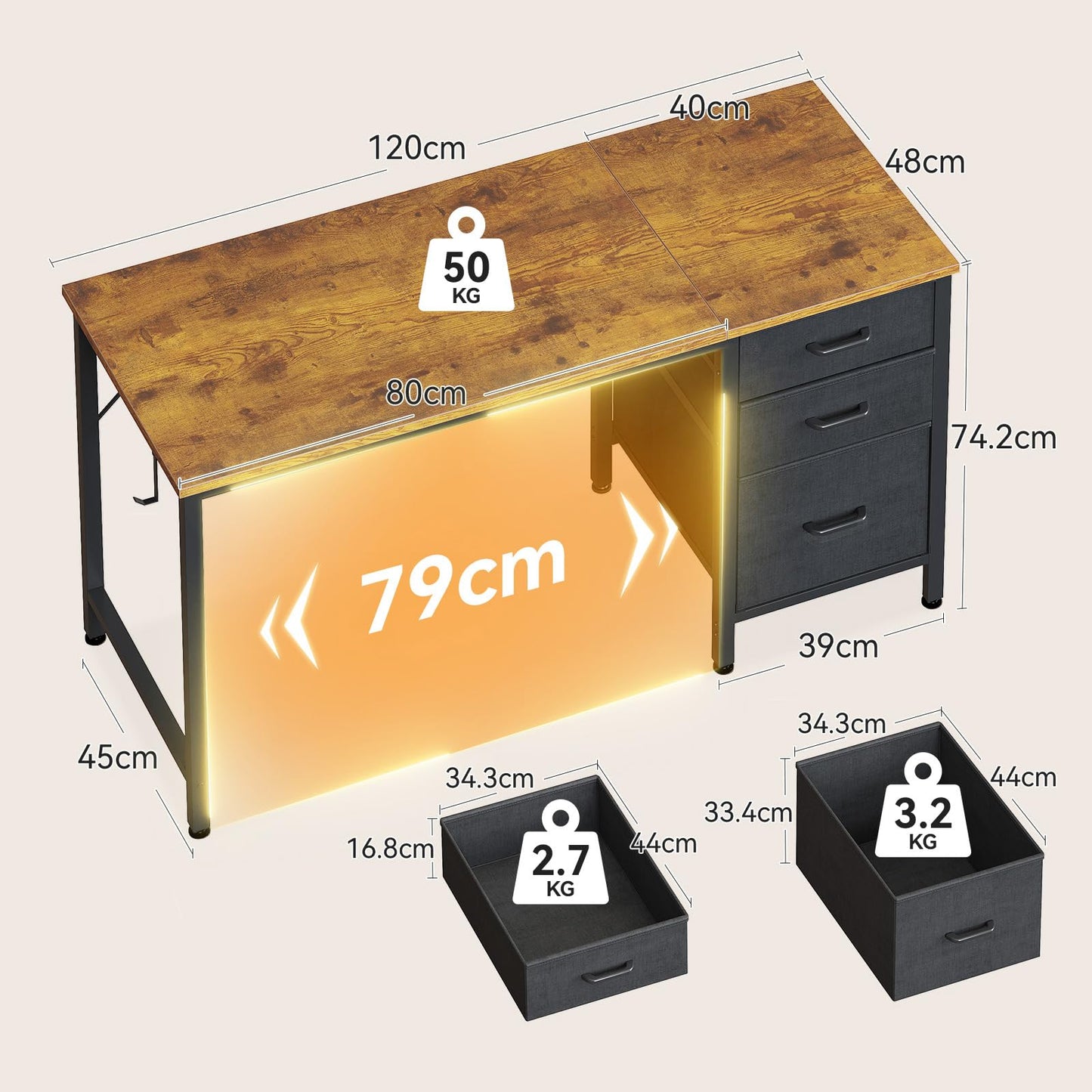Coleshome Computer Desk with Drawers, 120cm Office Desk with Storage, Brown