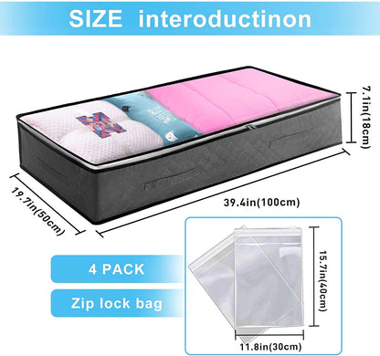 Cleaneaty Underbed Storage Box 4Pack 90L Large Under Bed Storage Bag with 4 x Large Zip lock Bags - Under bed Storage Box with PVC Window for Clothes