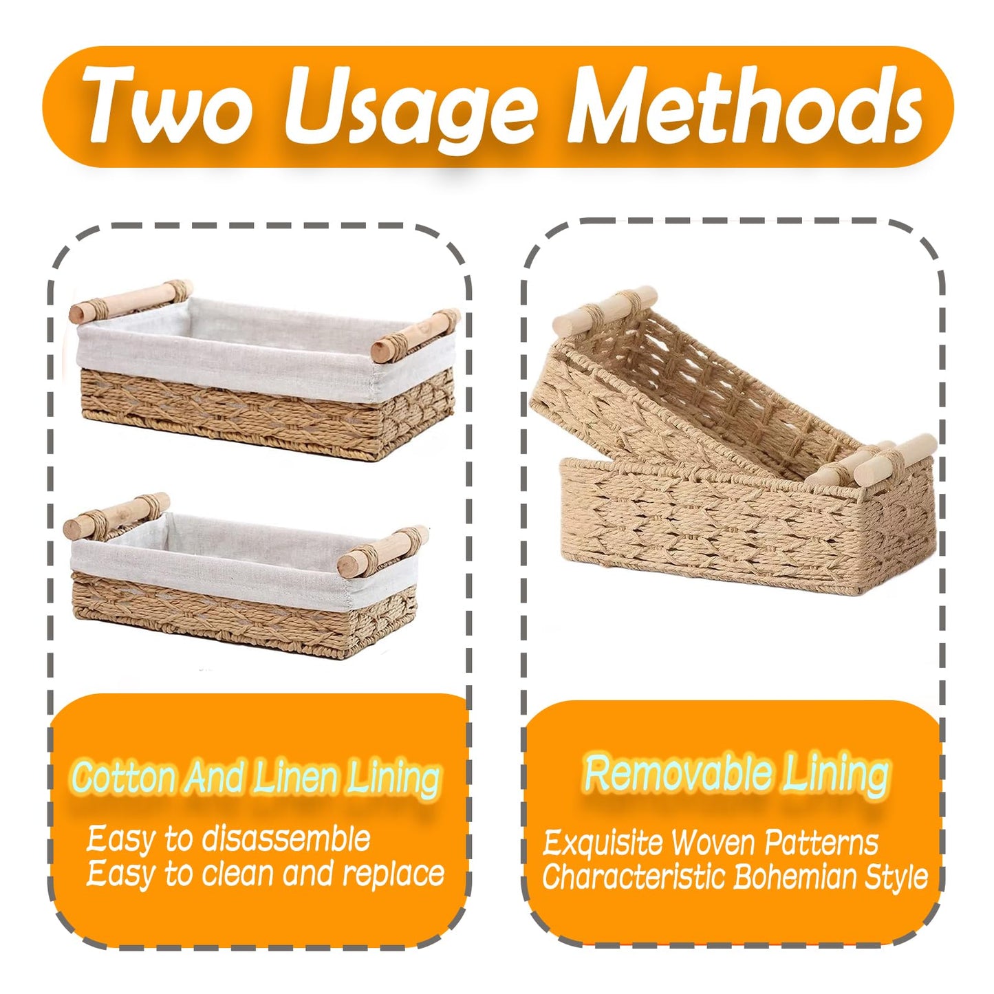 2 Pack Storage Baskets, Storage baskets for Shelves, Storage Box Organiser, Wicker Hamper Basket, Woven Storage Baskets, Bathroom Storage Organiser