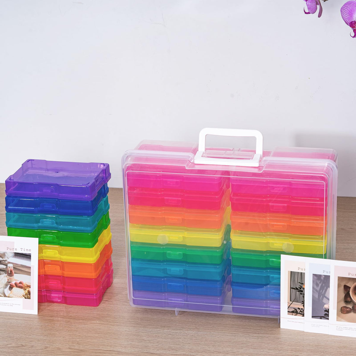 novelinks Transparent 4" x 6" Photo Cases and Clear Craft Keeper with Handle - 16 Inner Cases Plastic Storage Container Box Multi-colored