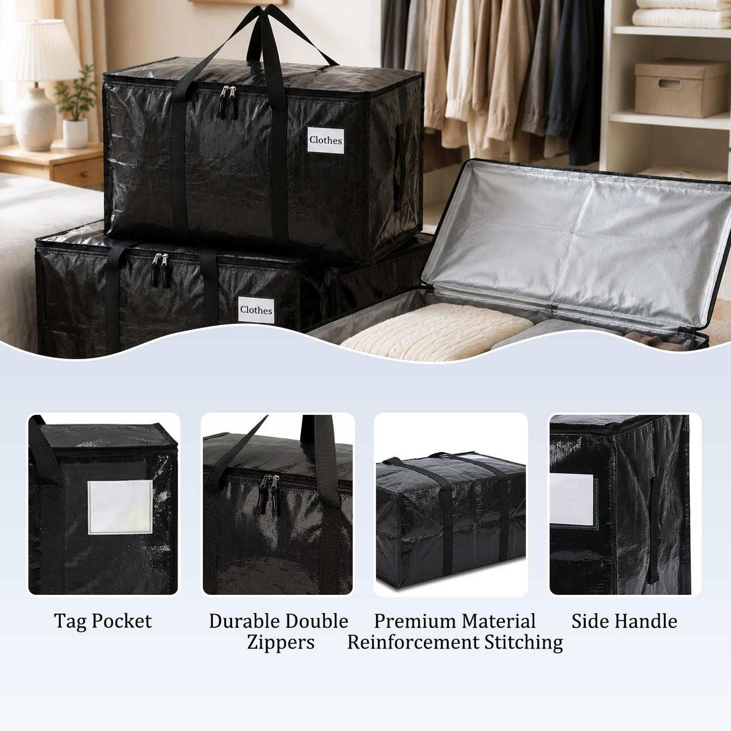 4-Pack 90L Heavy Duty Extra Large Storage Bags - Thicker Waterproof with Zips, Heavy-Duty Moving Bags for Clothing, Bedding, Travel, Camping