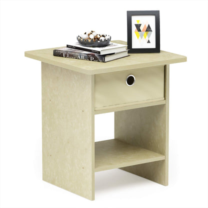 Furinno Dario End Table/ Night Stand Storage Shelf with Bin Drawer, Cream Faux Marble/Ivory